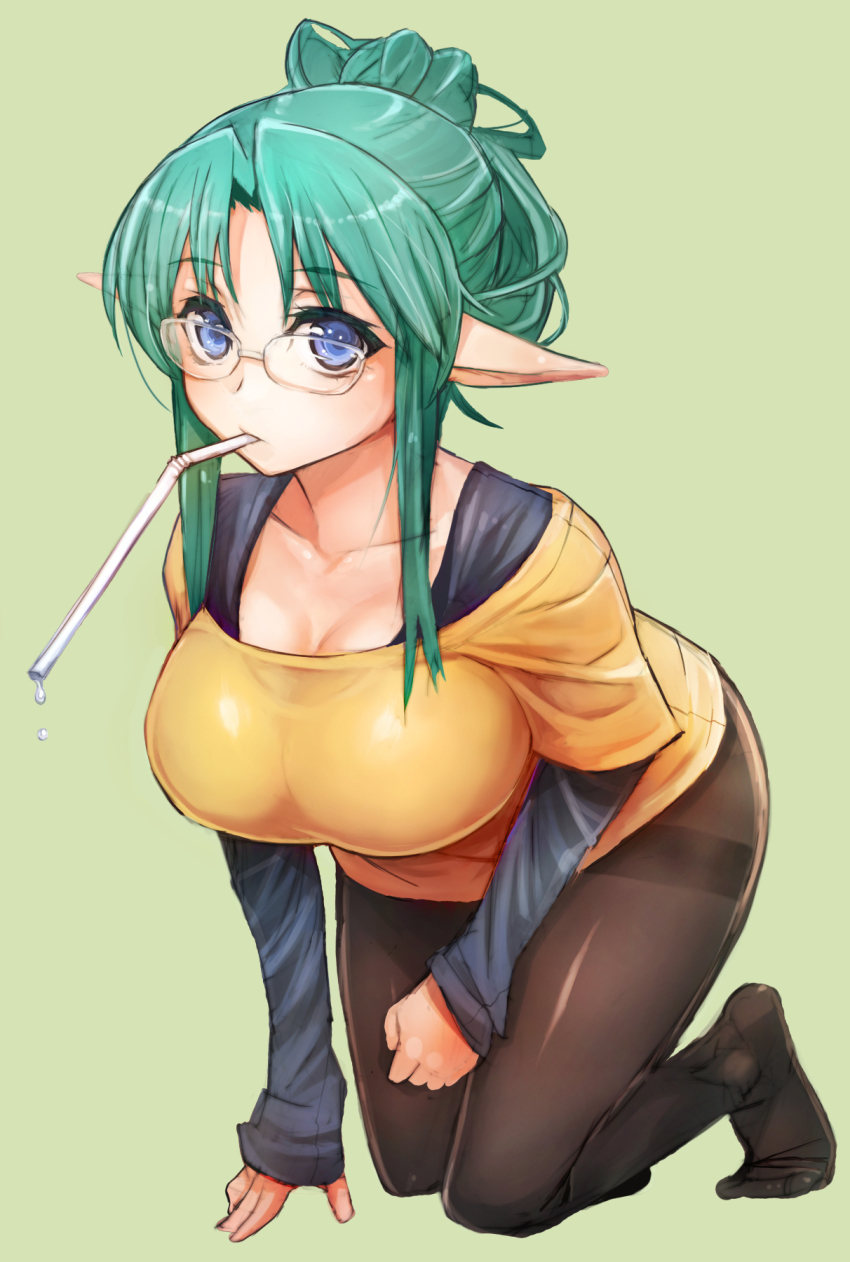 1girl, all_fours, black_pantyhose, blue_eyes, borrowed_character, breasts, cleavage, collarbone, drinking_straw, enemia_(nire_nanaki), female_focus, forehead, glasses, green_background, green_hair, hair_intakes, hair_up, highres, large_breasts, long_sleeves, looking_at_viewer, mouth_hold, no_pants, orange_shirt, original, pantyhose, pointy_ears, shirt, sidelocks, simple_background, sleeves_past_wrists, solo, t-shirt, taishi_(artist), taishi_(picchiridou), thighband_pantyhose, water_drop