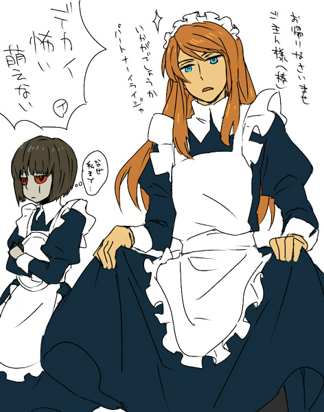 2boys, android, blue_eyes, brown_hair, crossdressing, crossdressing_(mtf), kurosuke_(nora), maid