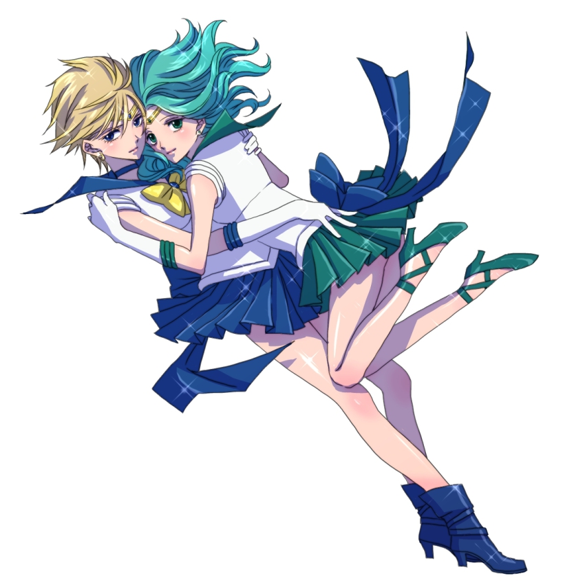 1990s_(style), 2girls, aqua_hair, araraxo, bishoujo_senshi_sailor_moon, blonde_hair, blue_footwear, blue_sailor_collar, blue_skirt, boots, bow, dutch_angle, floating, floating_hair, high_heels, holding, hug, kaiou_michiru, multiple_girls, outer_senshi, pleated_skirt, retro_artstyle, sailor_collar, sailor_neptune, sailor_uranus, shoes, skirt, sparkle, ten'ou_haruka, white_background, yellow_bow, yuri