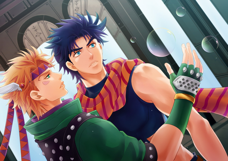 2boys, aqua_eyes, bad_id, bad_pixiv_id, battle_tendency, black_hair, blonde_hair, blue_eyes