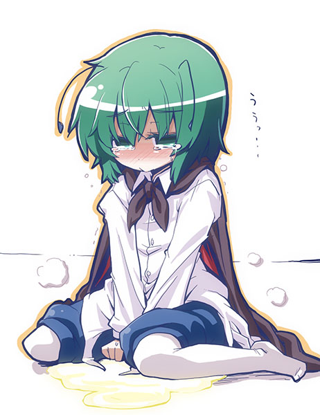 1girl, :<, akaneya, antennae, bad_id, bad_pixiv_id, blush, cape