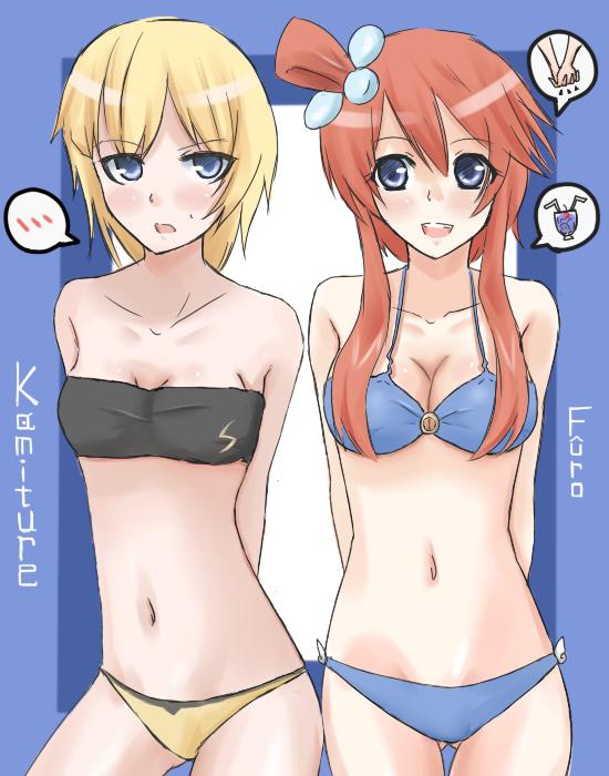 10s, 2girls, bad_id, bad_pixiv_id, bare_shoulders, bikini, blonde_hair, blue_eyes, blush, breast_envy, breasts, cleavage, drink, elesa_(pokemon), female_focus, gym_leader, hair_ornament, hakusen-hiki, happy, holding_hands, large_breasts, long_hair, midriff, multiple_girls, navel, nintendo, open_mouth, pokemon, pokemon_black_and_white, red_hair, serious, short_hair, shy, skyla_(pokemon), smile, speech_bubble, strapless, strapless_bikini, sweat, swimsuit, tube_top, yuri