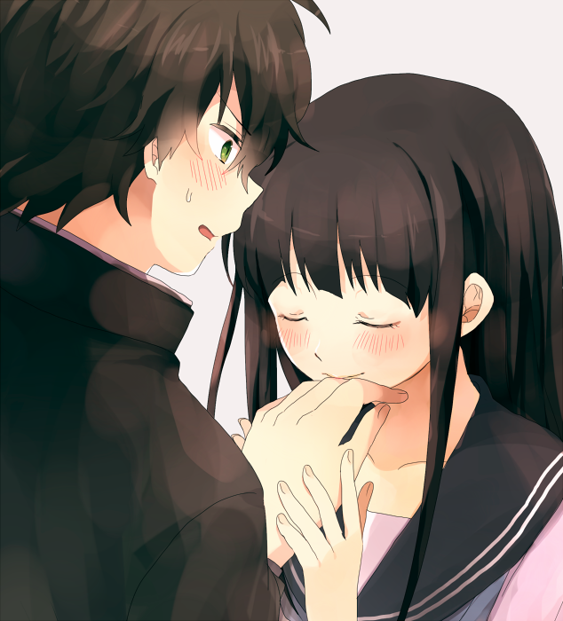 10s, 1boy, 1girl, black_hair, brown_hair, chitanda_eru, closed_eyes, couple