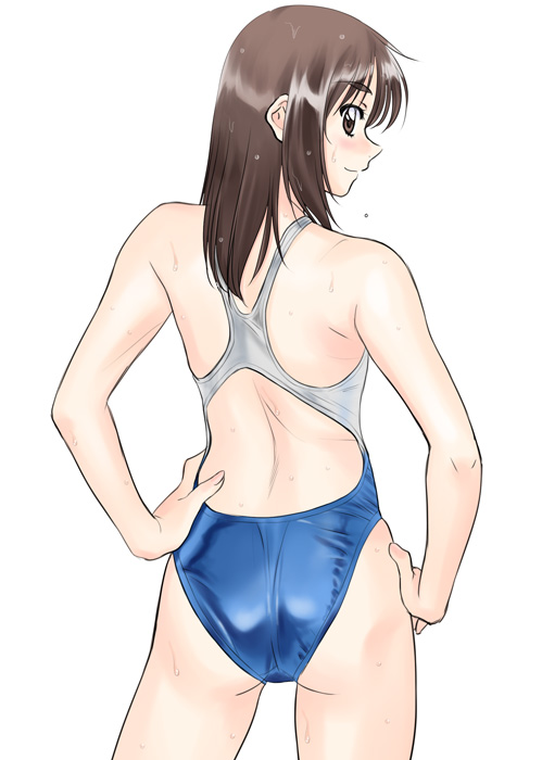 1990s_(style), 1girl, ass, brown_eyes, brown_hair, competition_swimsuit, cowboy_shot, from_behind, hands_on_own_hips, long_hair, morii_kaho, one-piece_swimsuit, polorinken, profile, retro_artstyle, sentimental_graffiti, simple_background, smile, swimsuit, wet, white_background