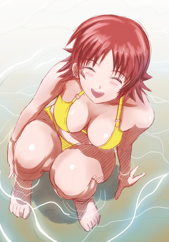 1girl, :d, ^_^, arm_support, barefoot, beach, bikini, breasts, cleavage, closed_eyes, female_focus, from_above, hoshikawa_maki, large_breasts, open_mouth, red_hair, shopyun, short_hair, smile, solo, squatting, swimsuit, tokimeki_memorial, tokimeki_memorial_4, wading, water, yellow_bikini
