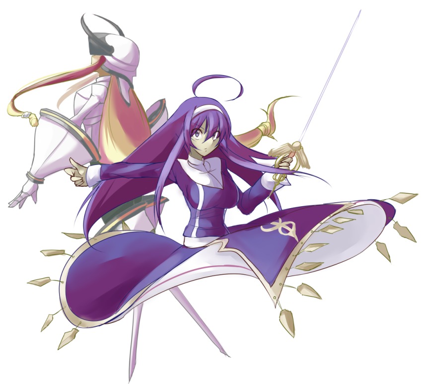 2girls, ahoge, armor, armored_dress, blonde_hair, blue_eyes, blue_hair, breasts