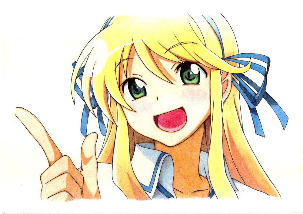 10s, 1girl, blonde_hair, colored_pencil_(medium), green_eyes, hair_ribbon, jinjin-roririn, katsuragi_(senran_kagura)