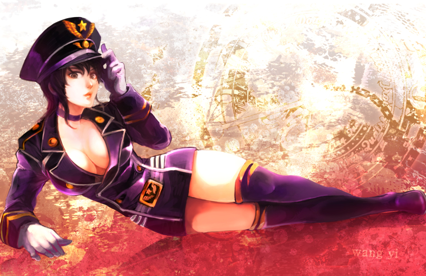 1girl, alternate_costume, black_hair, breasts, brown_eyes, cleavage, female_focus, gloves