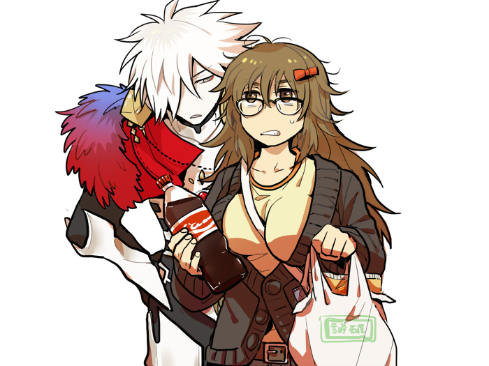 10s, 1boy, 1girl, armor, bag, between_breasts, bishounen, bow, breasts, brown_eyes, brown_hair, fate/extra, fate/extra_ccc, fate_(series), fur_trim, glasses, hair_bow, jinako_carigiri, karna_(fate), large_breasts, long_hair, messy_hair, nano_(veek), soda, strap_between_breasts, white_hair