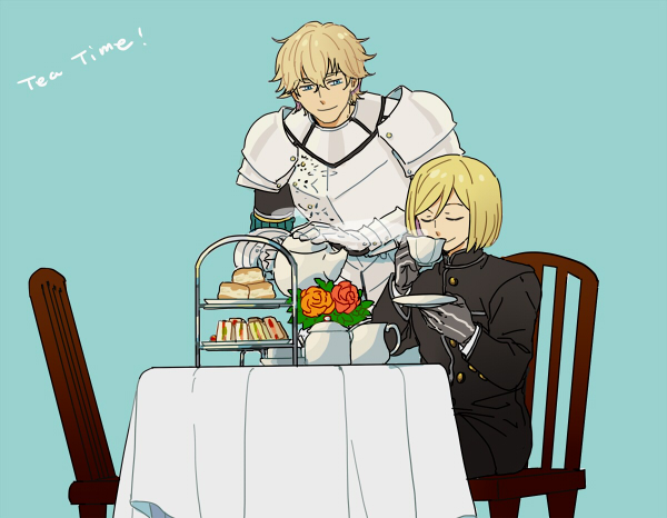 10s, 2boys, armor, blonde_hair, blue_background, chair, cup, eating
