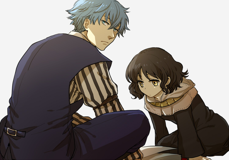 10s, 1boy, 1girl, aged_down, aged_up, black_hair, blue_eyes, blue_hair, brown_eyes, fate/extra, fate/extra_ccc, fate_(series), hans_christian_andersen_(fate), hood, jewelry, nano_(veek), necklace, sessyoin_kiara, short_hair, vest