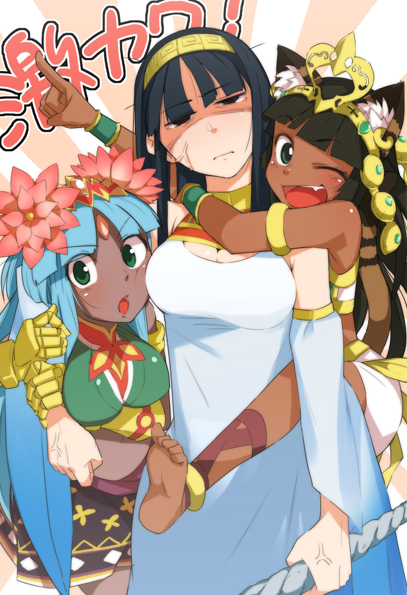 3girls, ;d, aiba-tsukiko, ancient_egyptian, anger_vein, animal_ears, ankle_lace-up, anklet, armband, barefoot, bastet_(p&amp;d), black_hair, blue_hair, blunt_bangs, breasts, carrying, cat_ears, cat_tail, chestnut_mouth, circlet, cleavage, clenched_hand, dark-skinned_female, dark_skin, empty_eyes, fang, feet, flower, forehead_jewel, gloves, green_eyes, hair_flower, hair_ornament, hairband, half-closed_eyes, highres, hug, isis_(p&amp;d), jewelry, large_breasts, long_hair, lots_of_jewelry, multiple_girls, one_eye_closed, open_mouth, parvati_(p&amp;d), piggyback, pointing, puzzle_&amp;_dragons, robe, shaded_face, smile, soles, tail, toes, wink