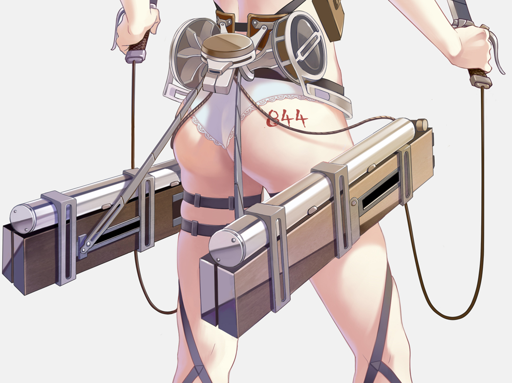 1girl, ass, bare_back, female_focus, grey_background, lace, lace-trimmed_panties, lace_trim, mikasa_ackerman, mr_study, panties, shingeki_no_kyojin, simple_background, solo, sword, thigh_strap, thighs, three-dimensional_maneuver_gear, underwear, weapon, white_panties, wire