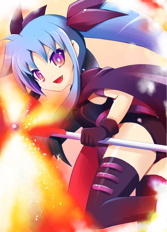 1girl, bad_id, bad_pixiv_id, belt, blue_hair, fang, female_focus, hair_ribbon