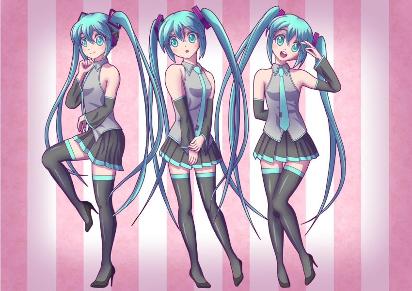 1girl, aqua_eyes, aqua_hair, detached_sleeves, hatsune_miku, head_tilt, high_heels, koishi, long_hair, necktie, open_mouth, shoes, skirt, smile, striped_background, thighhighs, twintails, vertical_stripes, very_long_hair, vocaloid
