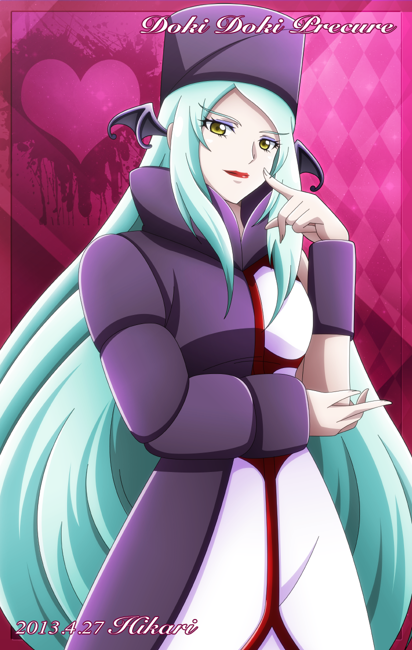 1girl, asymmetrical_clothes, bat_wings, character_name, dokidoki!_precure, eyeshadow, female_focus, green_hair