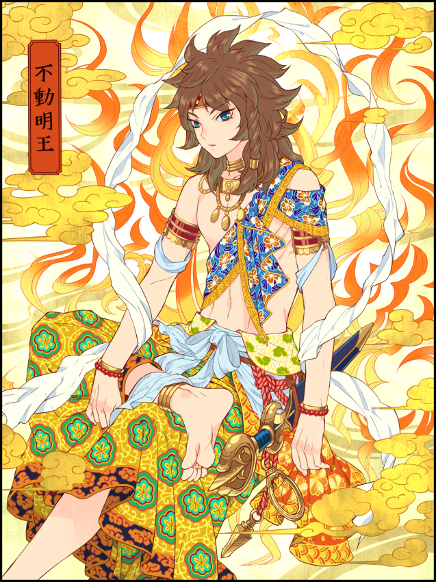 1boy, acala, anklet, barefoot, blue_eyes, bracelet, brown_hair, buddhism