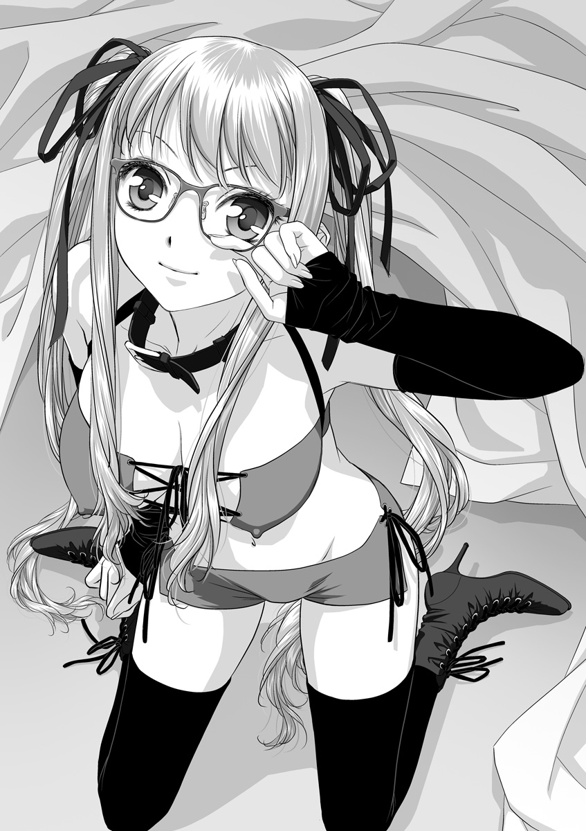 1futa, bed_sheet, black_thighhighs, boots, breasts, bridal_gauntlets, cleavage, collar, covered_erect_nipples, crossdressing, futanari, greyscale, hair_ribbon, hanabusu_arisu, high_heel_boots, high_heels, highres, kagosaka_mahiro, kneeling, large_breasts, lensless_glasses, long_hair, looking_at_viewer, monochrome, my_doll_house, futa_without_pussy, original, ribbon, shoes, shorts, solo, thighhighs, wig, yui_toshiki
