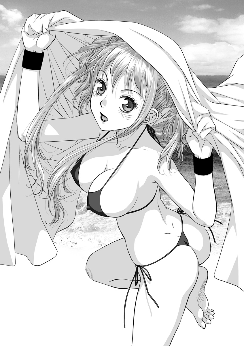 1futa, arms_up, ass, barefoot, beach, bikini, blush, breasts