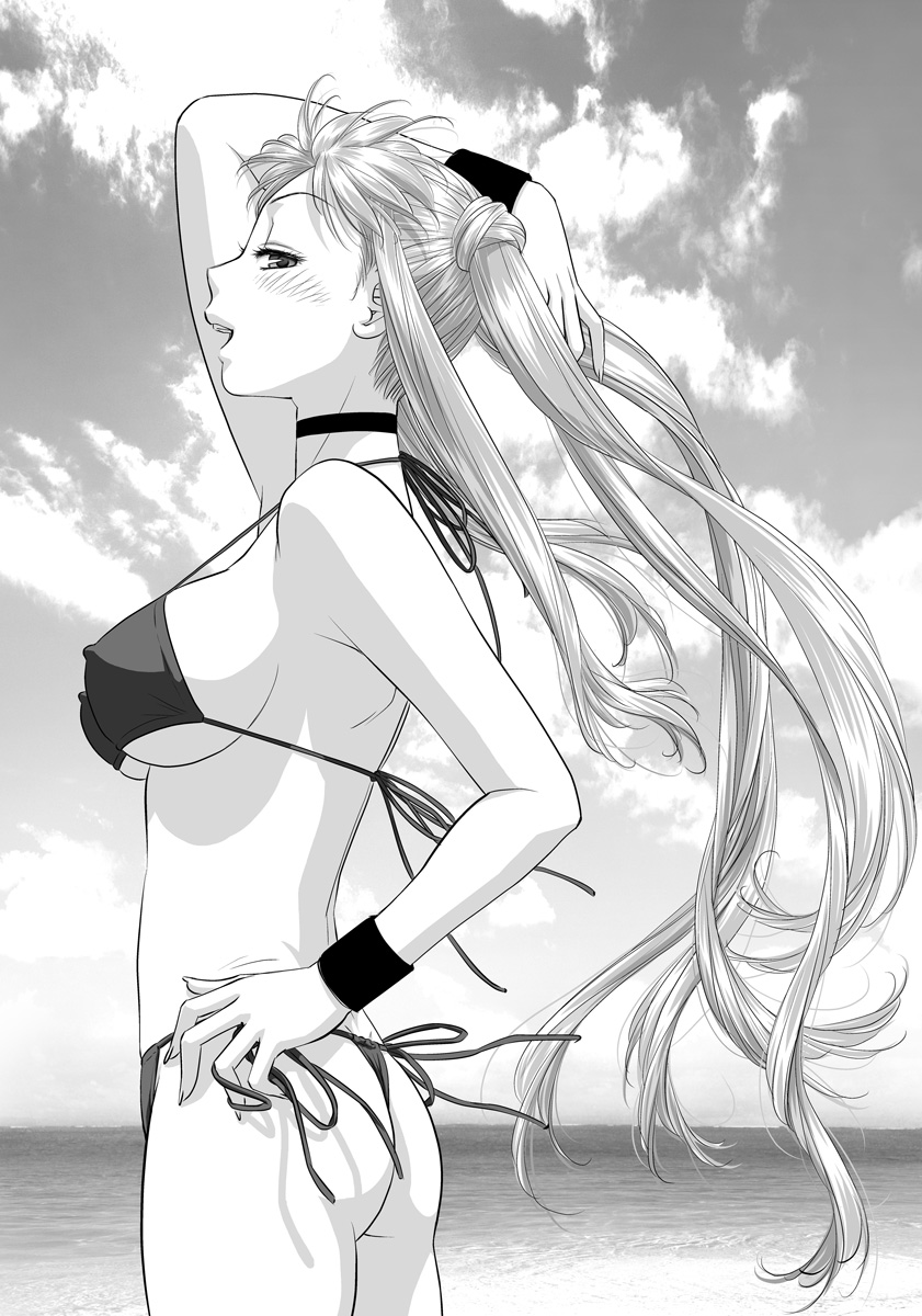 1futa, arm_up, ass, bikini, blush, breasts, cleavage, cloud, covered_erect_nipples, crossdressing, female_focus, futa_without_pussy, futanari, greyscale, hanabusu_arisu, hand_on_own_hip, highres, kagosaka_mahiro, long_hair, looking_at_viewer, medium_breasts, monochrome, my_doll_house, open_mouth, original, profile, side-tie_bikini_bottom, sky, smile, solo, swimsuit, thong, underboob, wig, wristband, yui_toshiki
