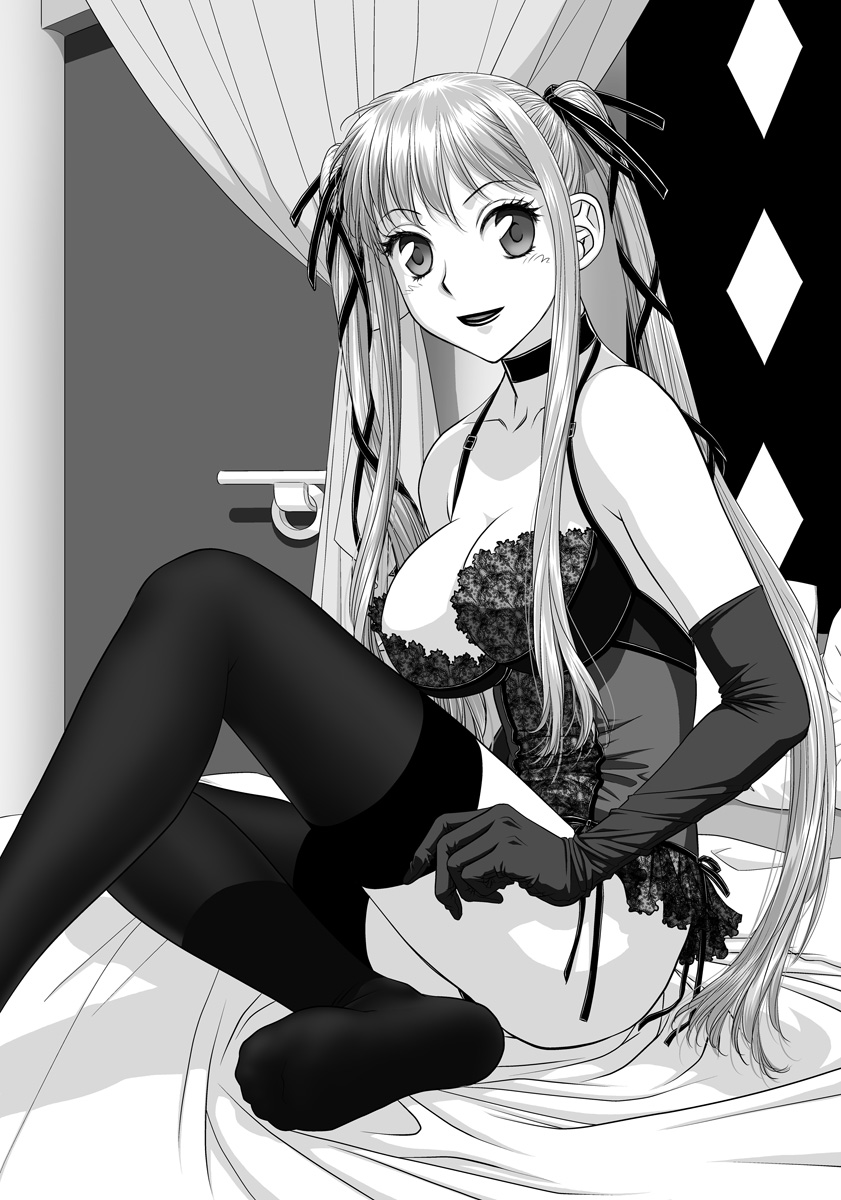 1boy, 1futa, bed, black_thighhighs, blush, breasts, choker, cleavage