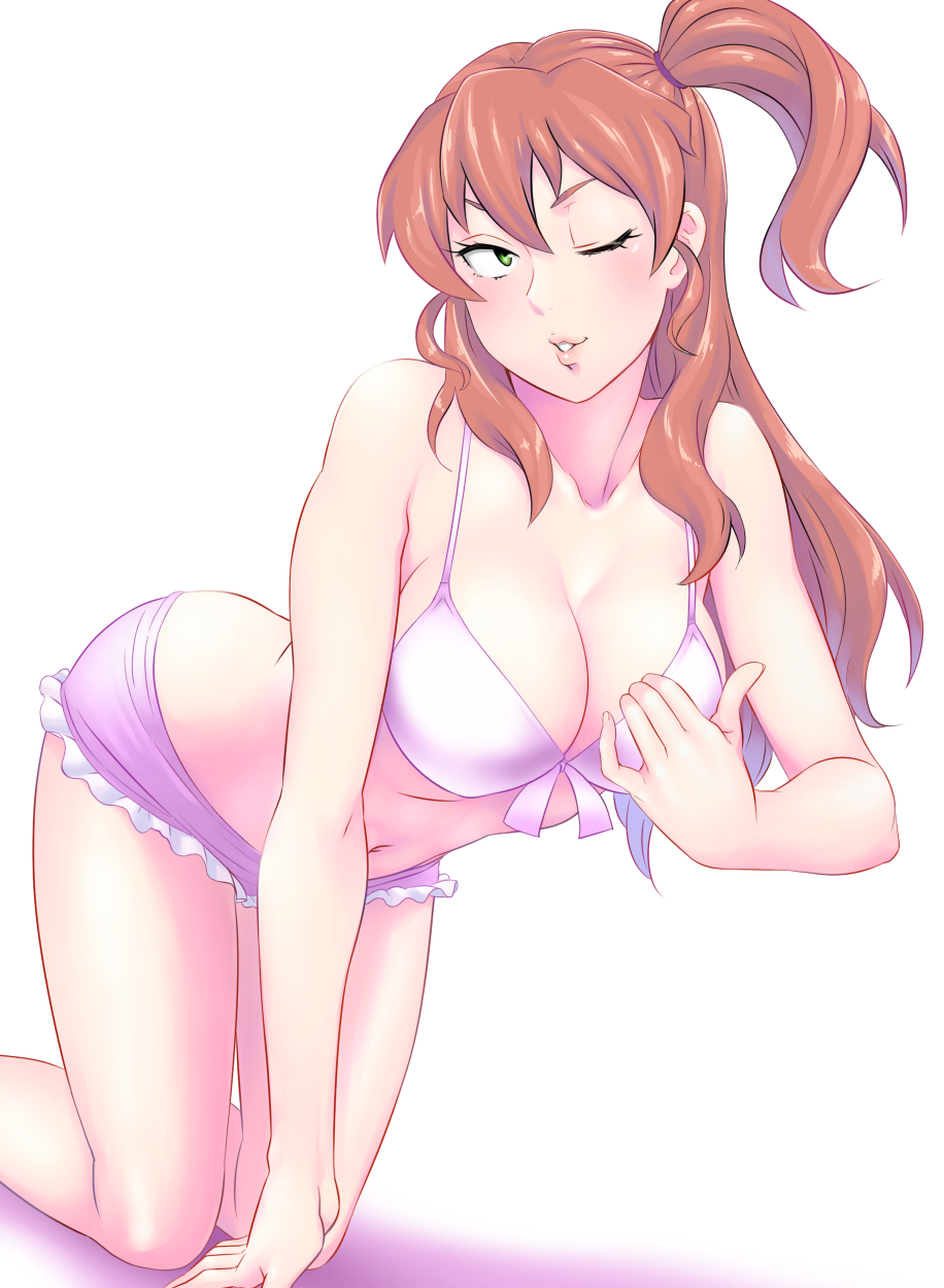 00s, 1girl, arm_support, blush, breasts, brown_hair, cleavage, front-tie_top, green_eyes, highres, idolmaster, idolmaster_dearly_stars, kneeling, leaning_forward, lips, long_hair, midriff, oku_(okumen), one_eye_closed, sakurai_yumeko, shorts, side_ponytail, smile, wink