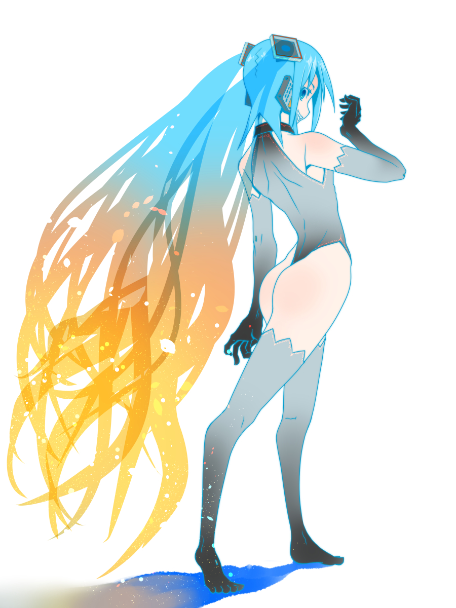 1girl, ass, blue_eyes, blue_hair, elbow_gloves, female_focus, gloves, gradient_hair