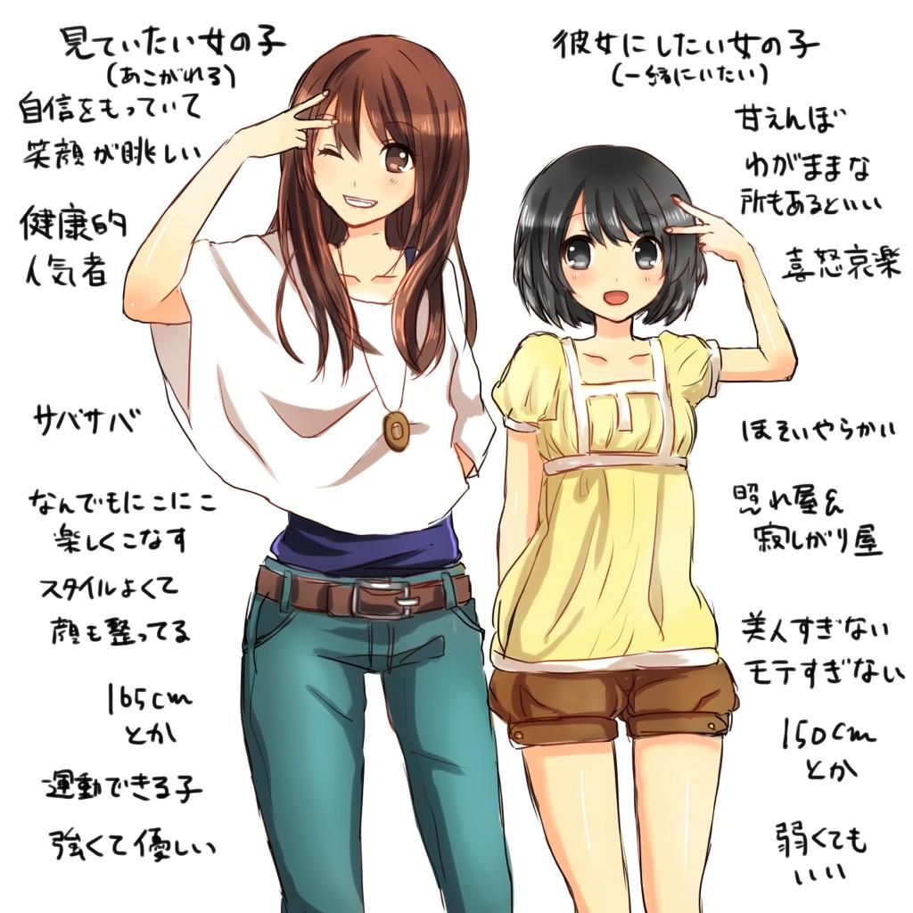 2girls, bad_id, bad_twitter_id, belt, black_eyes, black_hair, blush, brown_eyes, brown_hair, clarinet_(natsumi3230), denim, head_tilt, height_difference, hidari_no_ko, jeans, jewelry, long_hair, migi_no_ko, multiple_girls, necklace, one_eye_closed, open_mouth, original, pants, short_hair, shorts, simple_background, smile, thigh_gap, translation_request, v, white_background, wink