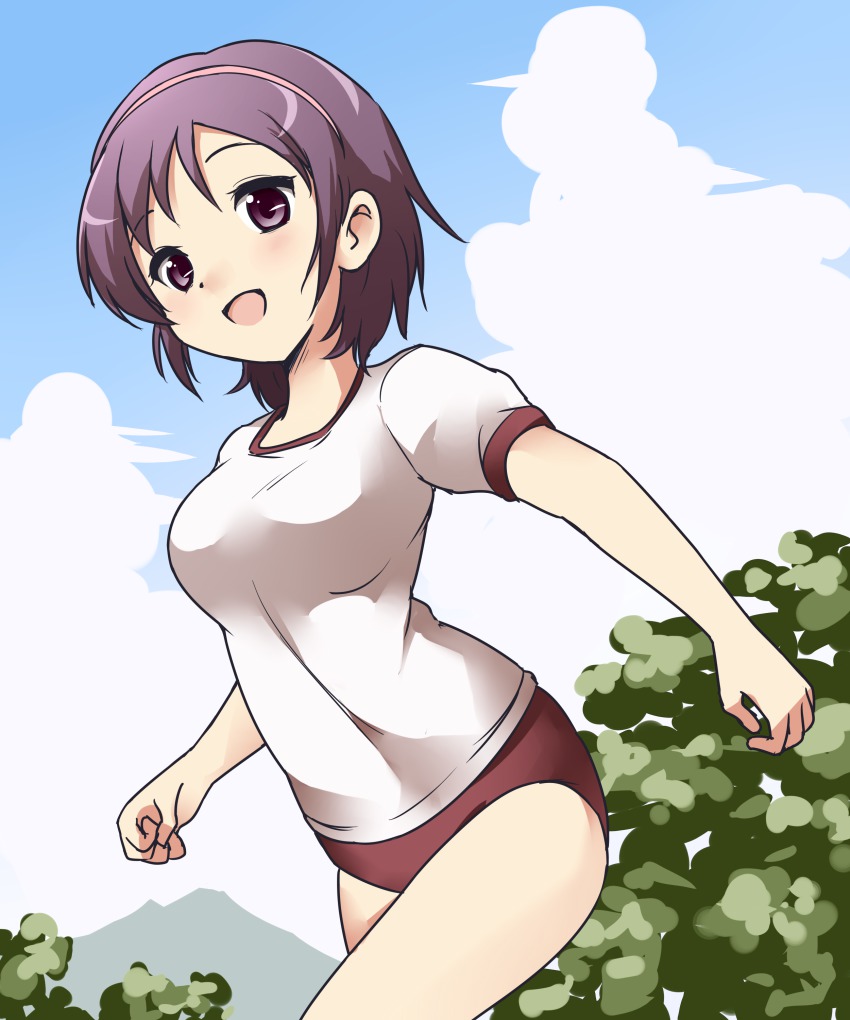 1girl, :d, absurdres, blue_sky, blush, buruma, cloud, cowboy_shot