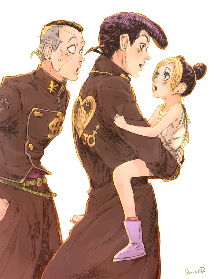 1girl, 2boys, aged_down, black_hair, blonde_hair, child, cone_hair_bun, double_bun, gakuran, grey_hair, hair_bun, higashikata_josuke, jojo_no_kimyou_na_bouken, kuujou_jolyne, multicolored_hair, multiple_boys, nijimura_okuyasu, nununu3, pompadour, school_uniform, shiso_(nununu3), two-tone_hair