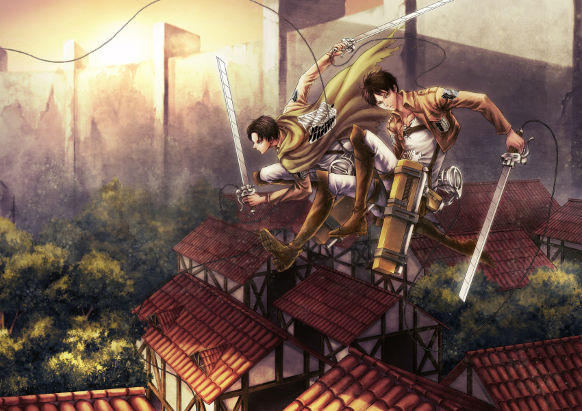 2boys, ascot, belt, black_hair, boots, cape, city, dual_wielding, eren_yeager, fufu_(dewkaede), highres, holding, jacket, levi_(shingeki_no_kyojin), male_focus, multiple_boys, shingeki_no_kyojin, sword, thigh_strap, three-dimensional_maneuver_gear, weapon, wire