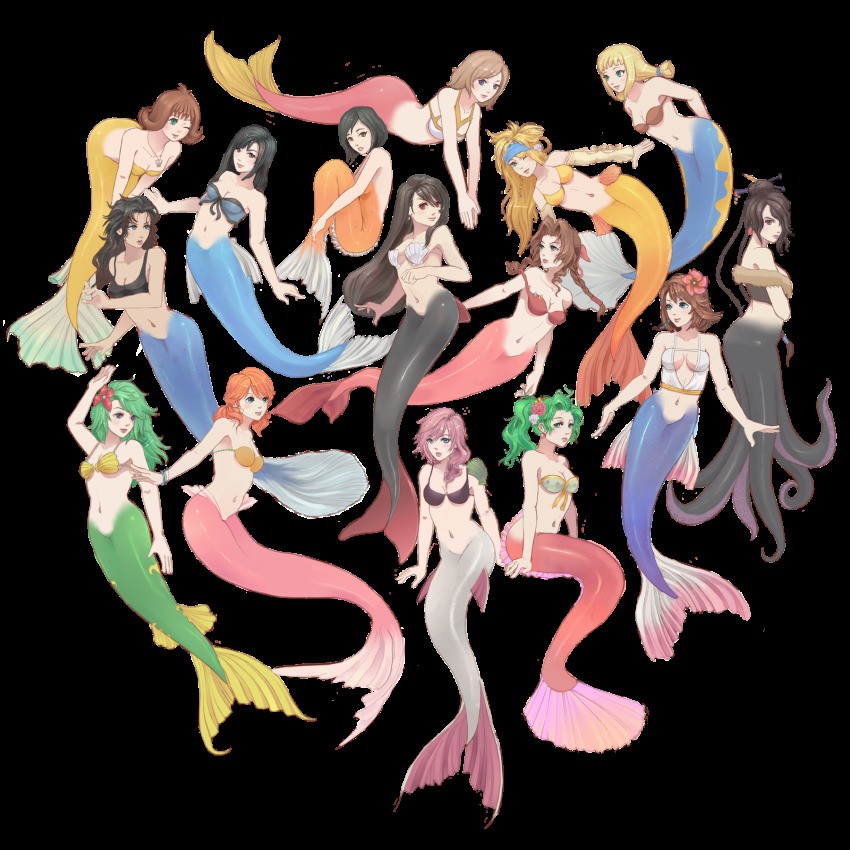 00s, 10s, 1990s_(style), 6+girls, aerith_gainsborough, alternate_costume, ashelia_b'nargin_dalmasca, bad_id, bad_pixiv_id, bare_shoulders, black_hair, blonde_hair, breasts, brown_hair, cleavage, crossover, everyone, female_focus, final_fantasy, final_fantasy_iv, final_fantasy_ix, final_fantasy_vi, final_fantasy_vii, final_fantasy_viii, final_fantasy_x, final_fantasy_x-2, final_fantasy_xii, final_fantasy_xiii, full_body, garnet_til_alexandros_xvii, green_eyes, green_hair, highres, in-franchise_crossover, lightning_farron, lingerie, long_hair, lulu_(ff10), mermaid, midriff, monster_girl, multiple_girls, oerba_dia_vanille, oerba_yun_fang, okiara, one_eye_closed, penelo, pink_hair, ponytail, retro_artstyle, rikku_(ff10), rinoa_heartilly, rydia_(adult)_(ff4), rydia_(ff4), selphie_tilmitt, short_hair, square_enix, tifa_lockhart, tina_branford, transparent_background, twintails, underwear, wink, yuna