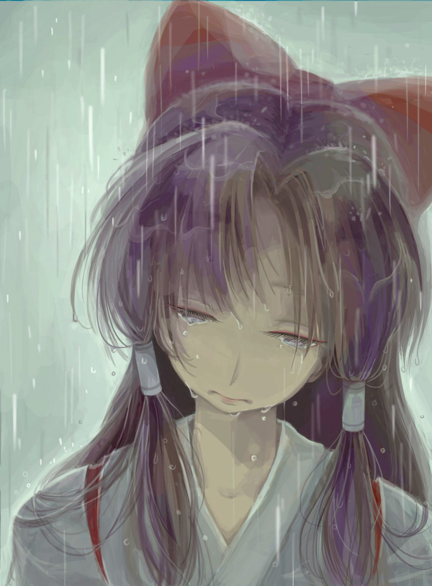 1girl, bow, brown_hair, closed_eyes, eyelashes, female_focus, frown, gradient_background