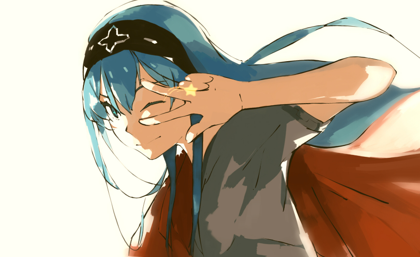 10s, 1girl, aged_down, akame_ga_kill!, arm_up, backlighting, blue_eyes, blue_hair, drawfag, esdeath, female_focus, hairband, highres, kiraboshi_(star_driver), light_smile, long_hair, matching_hair/eyes, one_eye_closed, simple_background, solo, v, v_over_eye, w, w_over_eye, white_background, wink