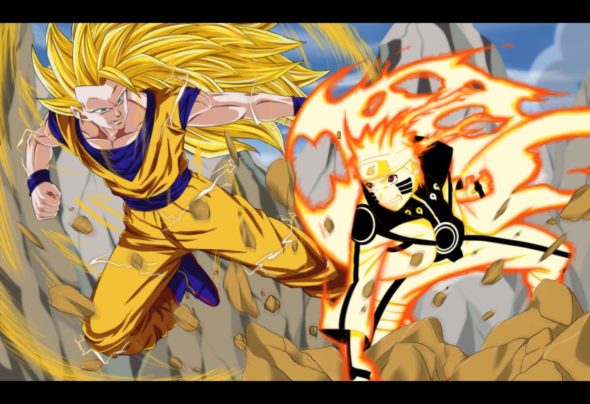 absurdres, aura, battle, blonde_hair, cloak, crossover, dannex009, dragon_ball