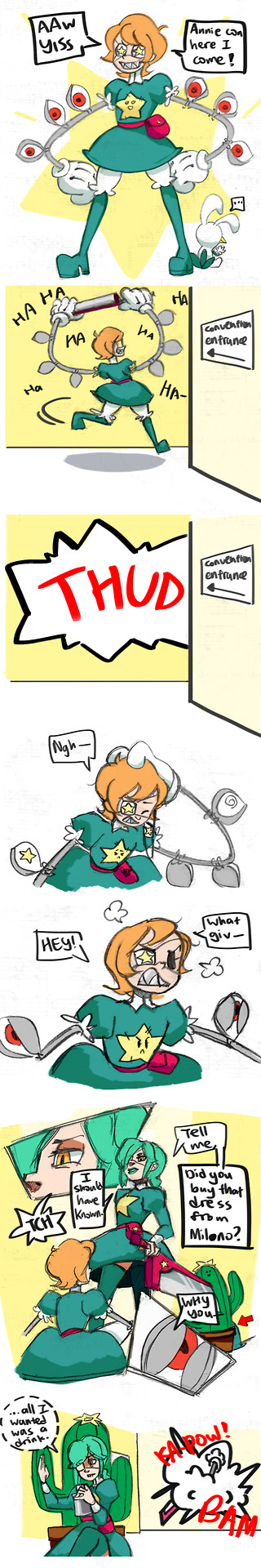 3girls, annie_(skullgirls), annie_(skullgirls)_(cosplay), annie_of_the_stars_(cosplay), arrow_(symbol), avery_(skullgirls), belt, belt_pouch