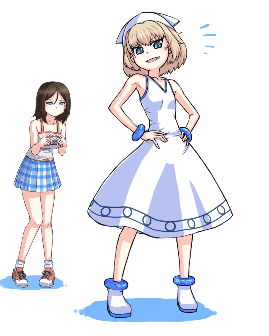 10s, 2girls, anatomirai, bad_id, bad_pixiv_id, blonde_hair, blue_eyes, brown_hair, camera, cosplay, dress, girls_und_panzer, highres, ikamusume, ikamusume_(cosplay), kanemoto_hisako, katyusha_(girls_und_panzer), multiple_girls, nagatsuki_sanae, nagatsuki_sanae_(cosplay), nonna_(girls_und_panzer), plaid_clothes, plaid_skirt, shinryaku!_ikamusume, shoes, short_hair, skirt, sneakers, socks, voice_actor_connection