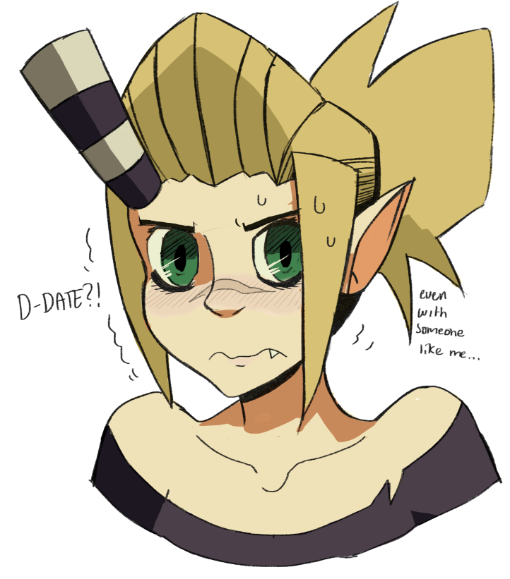 1girl, bare_shoulders, blush, english_text, fang, female_focus, gats_(nougats), green_eyes