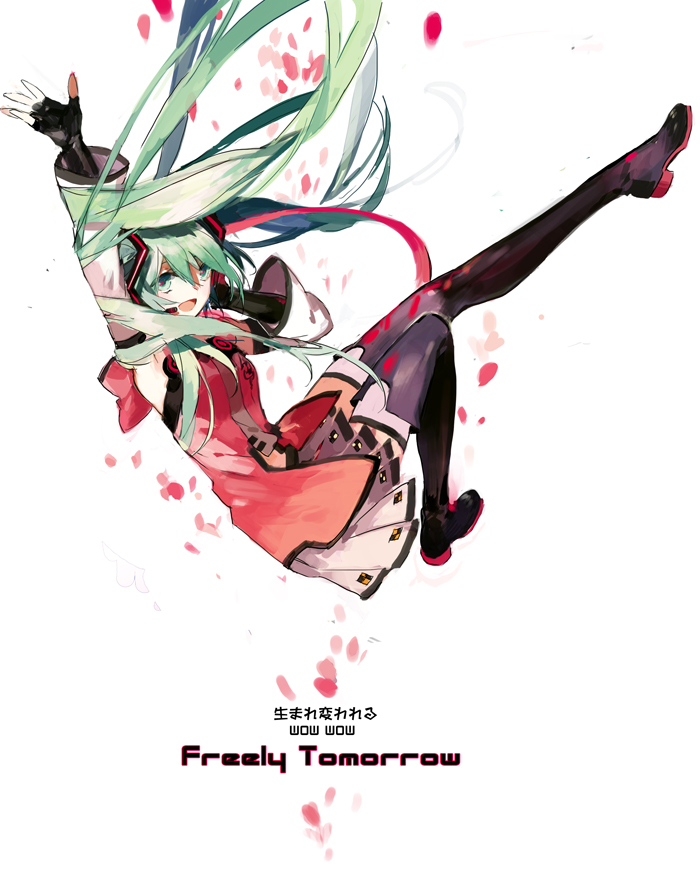 1girl, arm_up, boots, detached_sleeves, female_focus, fingerless_gloves, freely_tomorrow_(vocaloid), gloves, green_eyes, green_hair, hatsune_miku, headset, leg_up, long_hair, matching_hair/eyes, project_diva_(series), project_diva_f, skirt, solo, hatsune_miku_(star_voice), starshadowmagician, thigh_boots, thighhighs, twintails, vocaloid