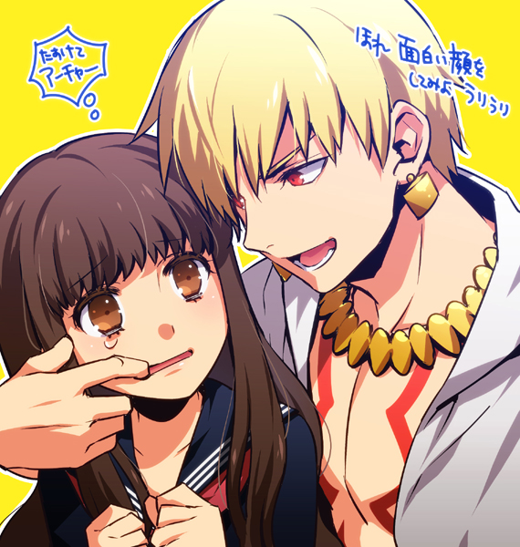 10s, 1boy, 1girl, blonde_hair, blush, brown_eyes, brown_hair, earrings