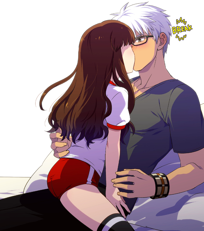 10s, 1boy, 1girl, archer_(fate), archer_(modern_black_costume)_(fate), bespectacled, blush, bracelet, brown_hair, buruma, casual, couple, dark-skinned_male, dark_skin, fate/extra, fate/extra_ccc, fate_(series), glasses, gym_uniform, hetero, jewelry, kishinami_hakuno_(female), kiss, long_hair, tetsukuzu_tetsuko, thighhighs, white_hair