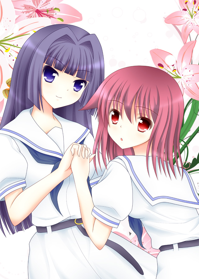 2girls, blue_eyes, blue_hair, blush, flower, hirose_sumire, holding_hands, long_hair