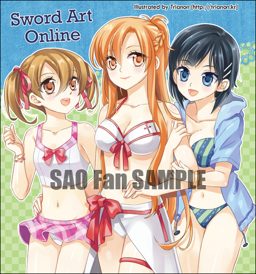 10s, 3girls, adapted_costume, asuna_(sao), bad_id, bad_pixiv_id, bikini, bikini_skirt
