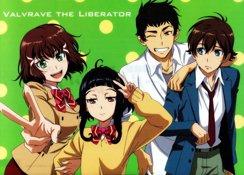 10s, 2boys, 2girls, absurdres, green_eyes, highres, inuzuka_kyuuma, kakumeiki_valvrave