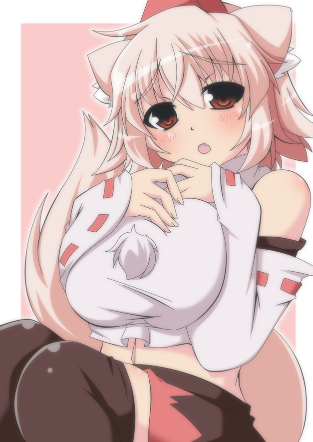1girl, animal_ears, black_thighhighs, blush, breasts_squeezed_together, breasts, detached_sleeves, fang
