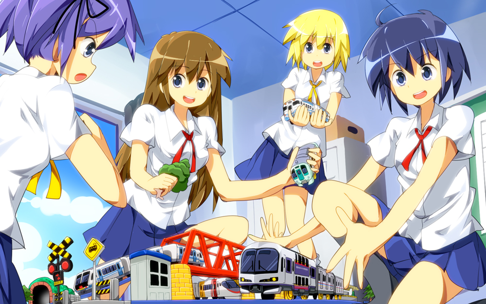 4girls, :d, blonde_hair, blue_hair, blue_skirt, blush, brown_hair, chalkboard