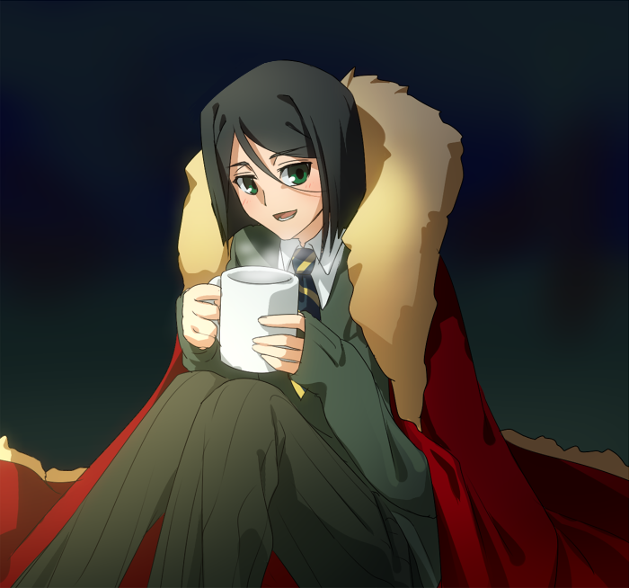 1boy, bad_id, bad_pixiv_id, black_hair, bob_cut, cape, cup, eto8931, fate/zero, fate_(series), green_eyes, male_focus, mug, norun, parted_bangs, sitting, solo, steam, waver_velvet