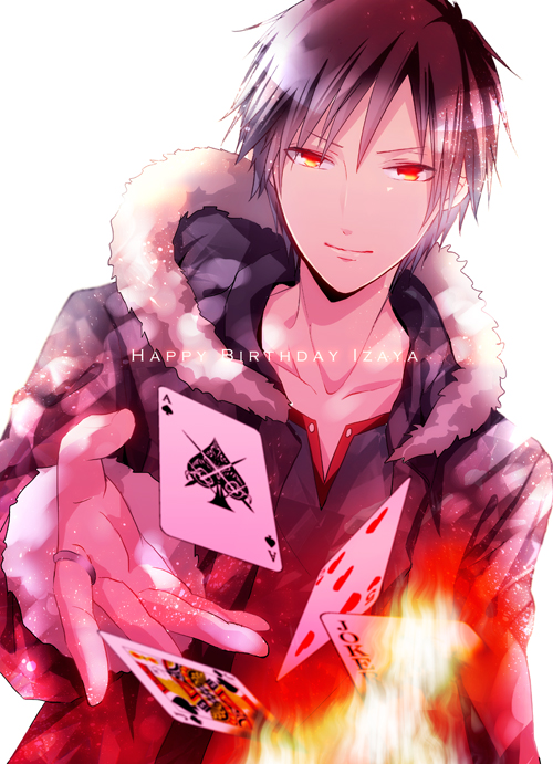 1boy, black_hair, card, coat, durarara!!, fire, happy_birthday, jewelry, maine_(unap!), male_focus, orihara_izaya, pinkuna, red_eyes, ring, short_hair, solo