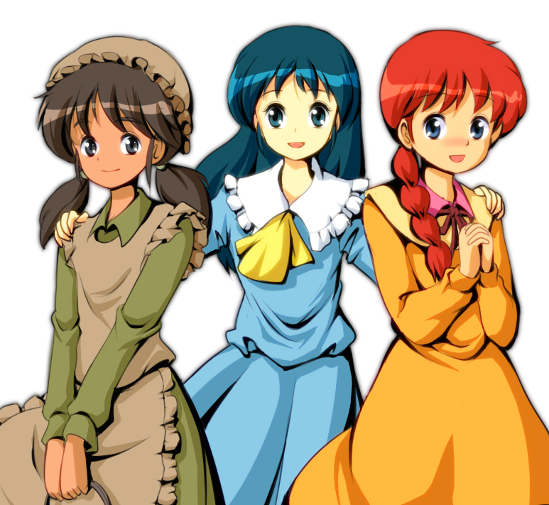 3girls, apron, ascot, becky_(princess_sarah), blue_eyes, blue_hair, blush, braid