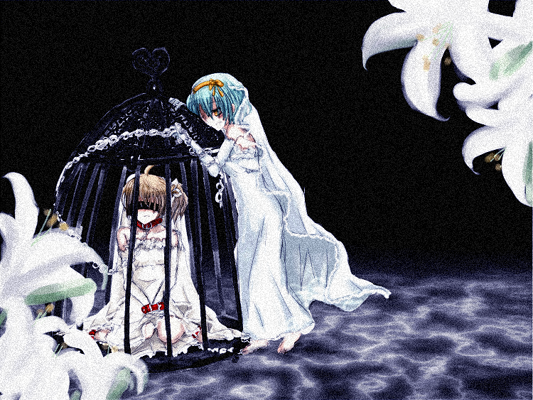2girls, animal_collar, bad_id, bad_pixiv_id, bdsm, blindfold, blue_hair, bondage, bound, bound_wrists, bridal_veil, brown_hair, cage, chain, chained, collar, dress, elbow_gloves, flower, fujisawa_nagisa, gloves, hakuisei_ren'ai_shoukougun, headband, in_cage, lily_(flower), multiple_girls, sawai_kaori, short_hair, suimokurenn, veil, wedding_dress, yandere